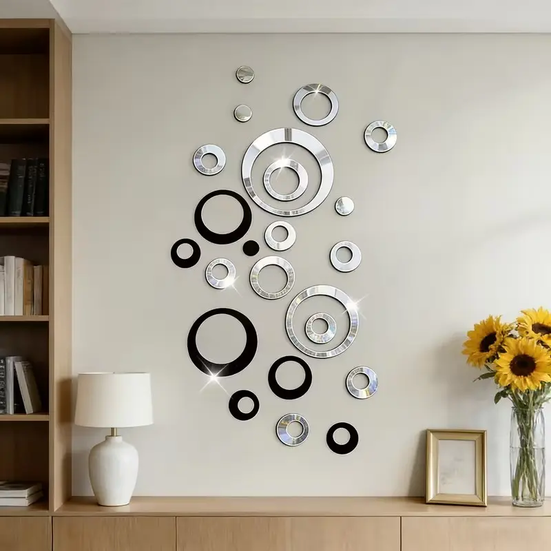 72pcs silver black hollow circular acrylic reflective mirror wall stickers, suitable for home decoration, living room, bathroom, bedroom background wall decoration, home decoration lintel decoration, DIY detachable wall stickers