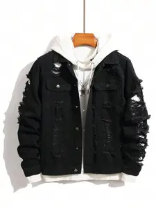Men's Solid Ripped Design Button Down Denim Jacket, Regular Fit Casual Fashion Comfy Long Sleeve Outerwear Casual Fitted Jackets for Daily Wear, Men's Clothes for All Seasons, Coats