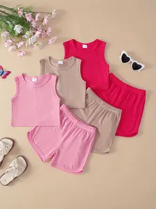 Girls' 6-Piece Solid Color Ribbed Knit Short Sleeve Shorts Set, Casual Set, Comfortable Summer, Perfect for Daily Wear