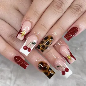 Medium Square Press on Nails Brown Leopard Print and Red Fake Nails 3D Cherry Artificial Nail Party Acric Stick on Nail for Women 24pcs