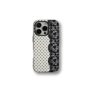 Black Polka Dot Lace Print Pattern Phone Case | Military-grade Shockproof Protection, Compatible with iPhone 17 Pro Max 16 15 14 13 12 11 X Plus/Pro & Samsung Galaxy |   Affordable Tough Anxiety Phone Case for Girls