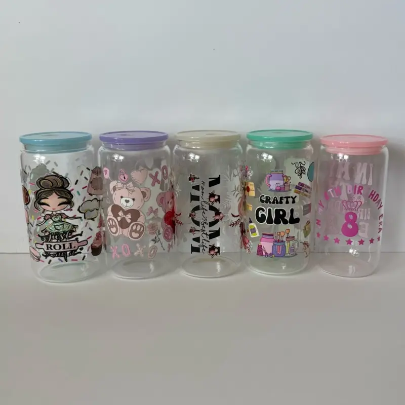 5pcs-16oz Libby Glass cups bundle with color acrylic lids and clear plastic straws Drinkware Set Reusable Set Reusable Set
