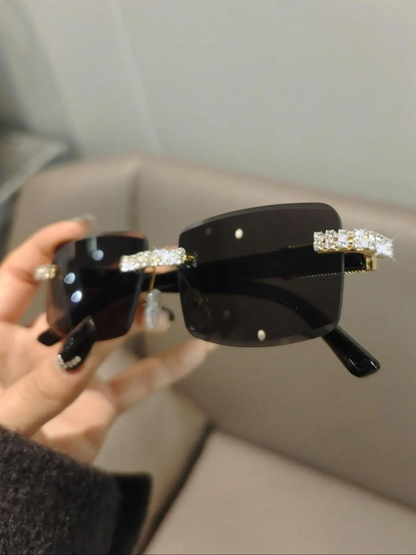 Rhinestone Decorated Rimless Sunglasses, Trendy Casual Rectangle Frame Sunglasses for Women, Fashion Accessories for Everyday Use and Outdoor Activities, High Quality Sunglasses, Rectangular Sunglasses