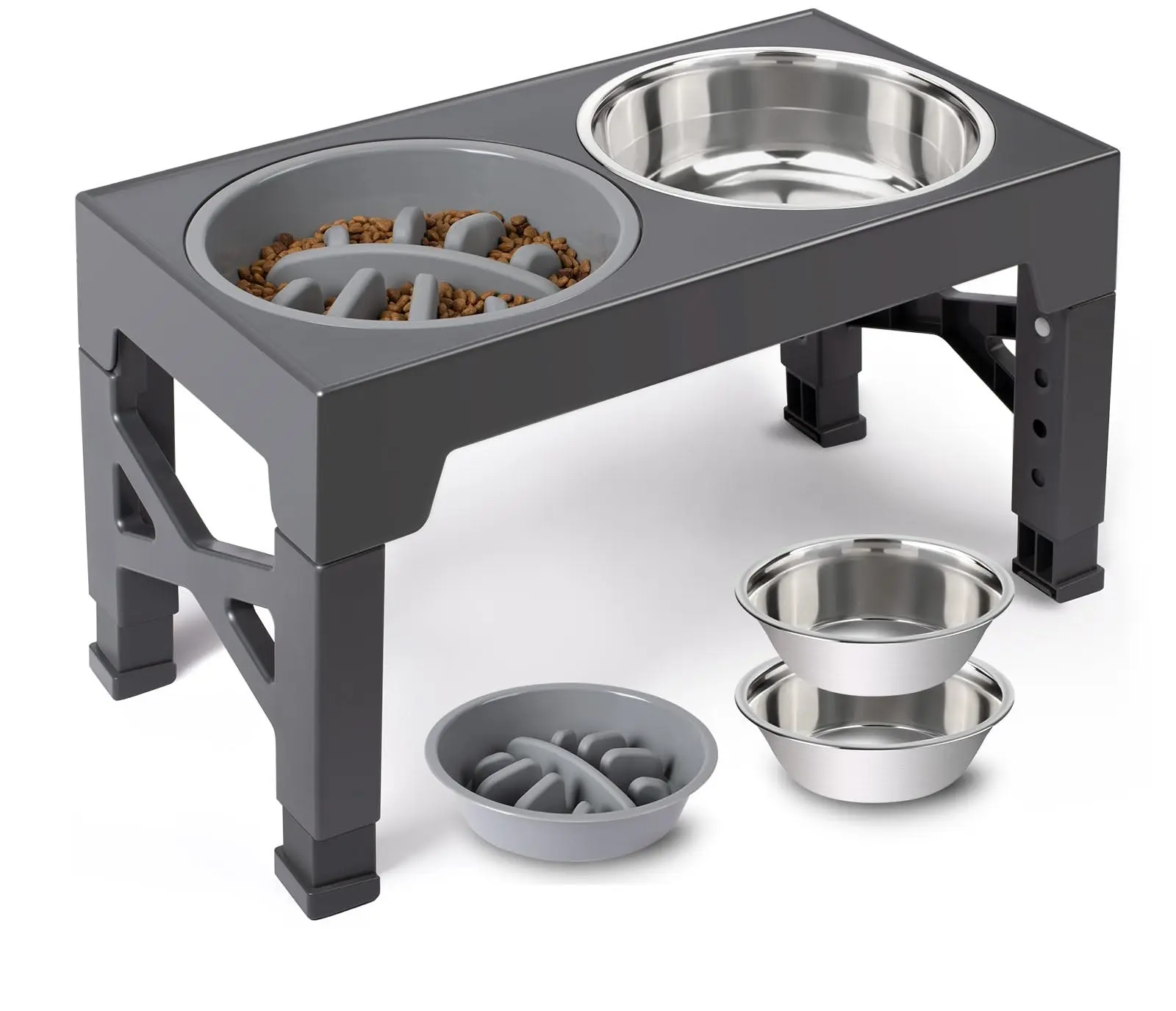 Elevated Dog Bowl Set – 5-Height Adjustable Stand with 2 Stainless Steel Bowls & Slow Feeder, Non-Slip Feet, for Medium & Large Dogs, Home Feeding Supplies
