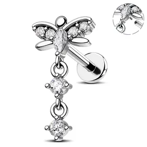 Oufer Dragonfly Clear CZ Dangle Top Cartilage Ear Piercing Stud 316L Stainless Steel