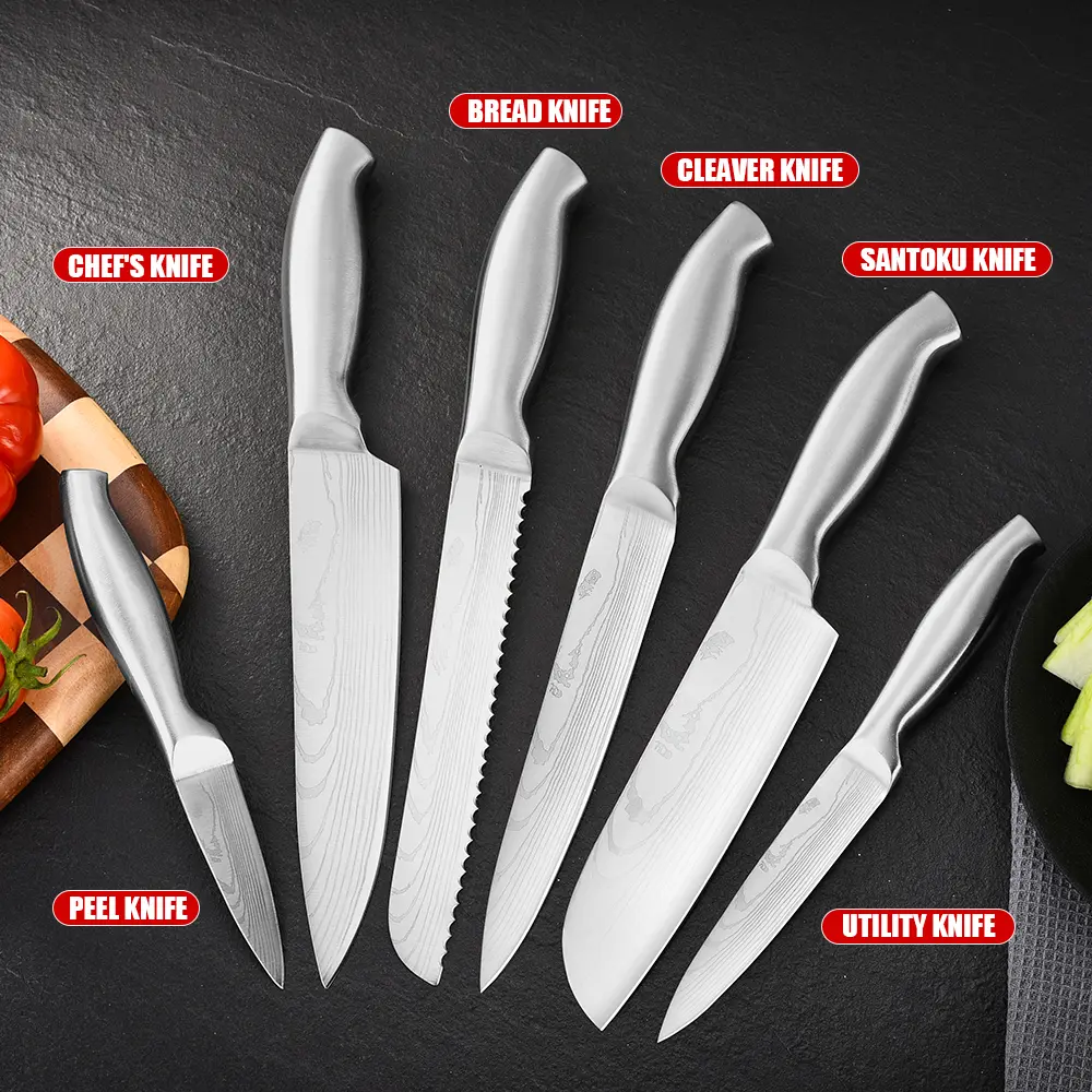 Kitchenware Knives Set - 6-Piece Full Stainless 9Cr18 Kitchen Knives with Water Ripple Blades, Integrated Ergonomic Anti-Slip Handle, for Food Prep and Daily Cooking, with Storage Block, Meat, Household
