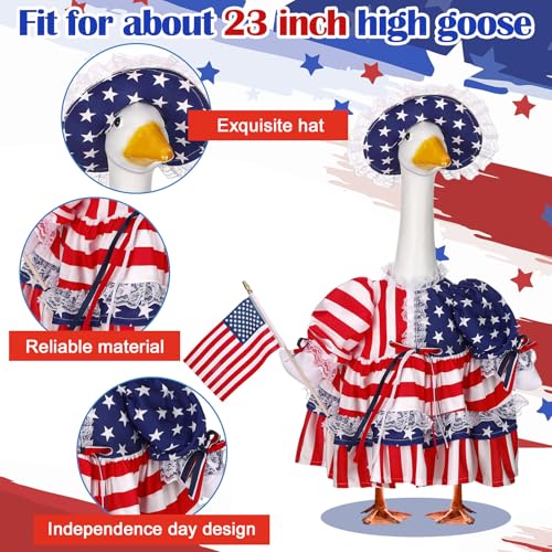 4th of July Porch Goose Outfits for 23'' Cement Plastic Porch Goose Statue, Memorial Day Patriotic Porch Goose Clothes with Flag Star Red Blue White Strip Porch Goose Costume for Independence Day Summer Outdoor Lawn Yard Garden Porch Decor