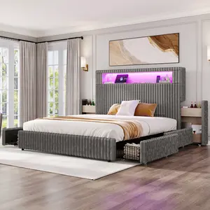 [Ships in 2 Boxes] VanAcc Modern Storage Bed Frame with 51.2" Storage Headboard and 6 Drawers, Tall Upholstered Headboard  with USB Ports and RGB LED Lights, No Box Spring Needed