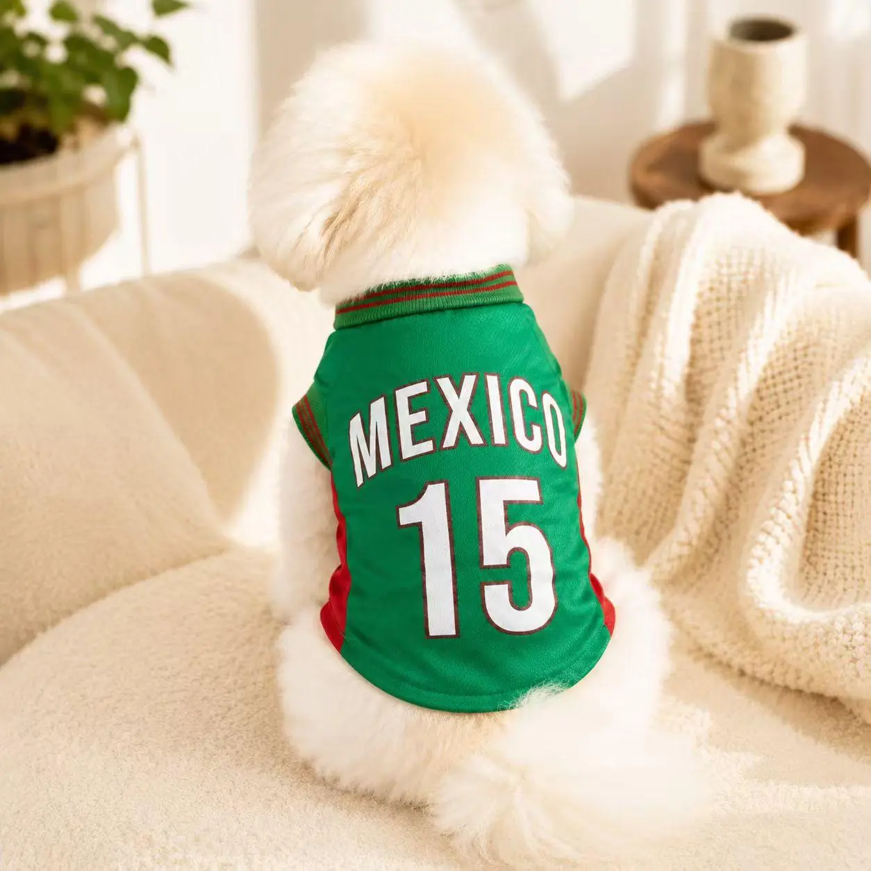 Pet Jersey for Dogs & Cats - Mexico 15 Green-Red Design, Mesh Fabric Daily Wear, Comfortable Sporty Look Team Spirit Pet Shirt Vest