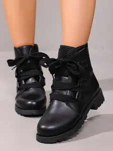 Sweet Cool Style Laced Chunky Ankle Boots for Women, British Fashion Thick Sole Round Toe Short Boots, Retro PU Upper Rubber Sole, British Style Footwear