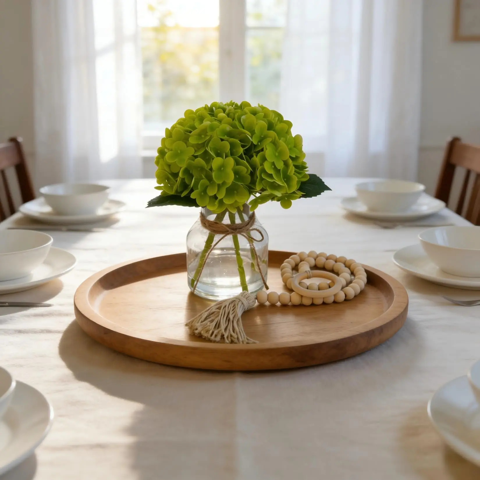 Real-Touch Green Hydrangea Artificial Flowers Set with Minimalist Crystal Vase, Wood Bead Garland - Photorealism Faux Decor for Home Table Centerpiece, Bathroom Outdoor Furniture Accent