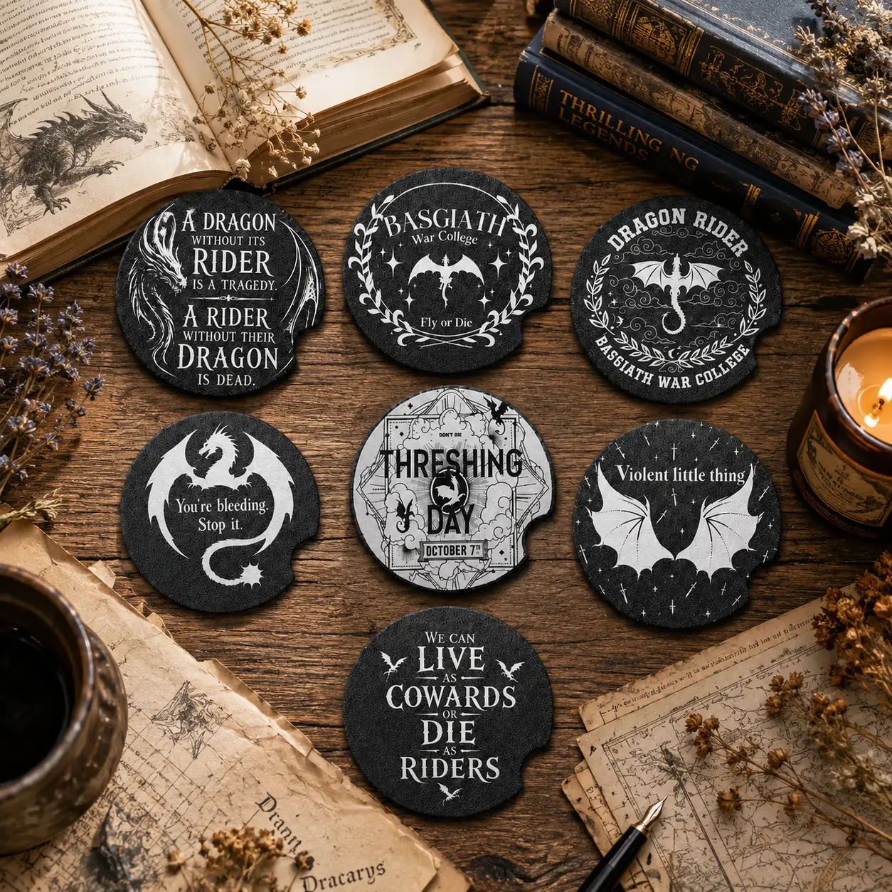 Fourth Wing Dragon Bookish Car Coasters – Fantasy Romance Reader Cup Holder Coaster Set Basgiath war college| Dragon Rider Car Cup Holder Coasters