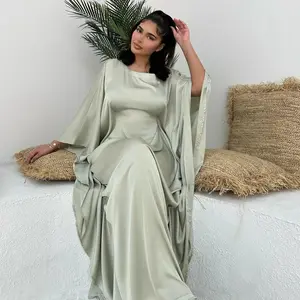 Satin Butterfly Robe Inner Belt Muslim Women Long Dress Summer