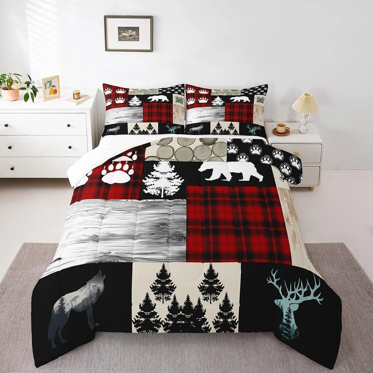 Feelyou Multi-Size Animal Theme Duvet Set - Deer, Animal Paws, Red Plaid Patchwork, Breathable Machine Washable Farmhouse Bedding for Kids, Dormitory, Guest Room, Xmas Bedding Insert, Bedroom Decor