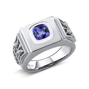 Gem Stone King 2.74 Cttw 10MM Cushion Cut Blue Tanzanite and White Zirconia 925 Sterling Silver Ring for Men | Gemstone Birthstone