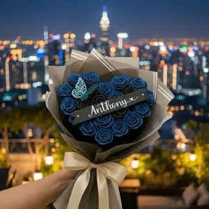 Eternal Rose Bouquet for men - ramo buchon para hombre- 20 ribbon roses 14 blue and 6 black - heart shaped bouquet