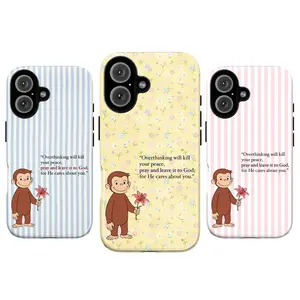 Cute Christian Curious George Phone Case Pastel Stripe & Floral Aesthetic with Faith Quote, Kawaii Bible Verse Monkey Illustration Cover for iPhone & Samsung, Sweet Girly Church Style, Durable Protective Case, Perfect Gift for Her, Girl & Women