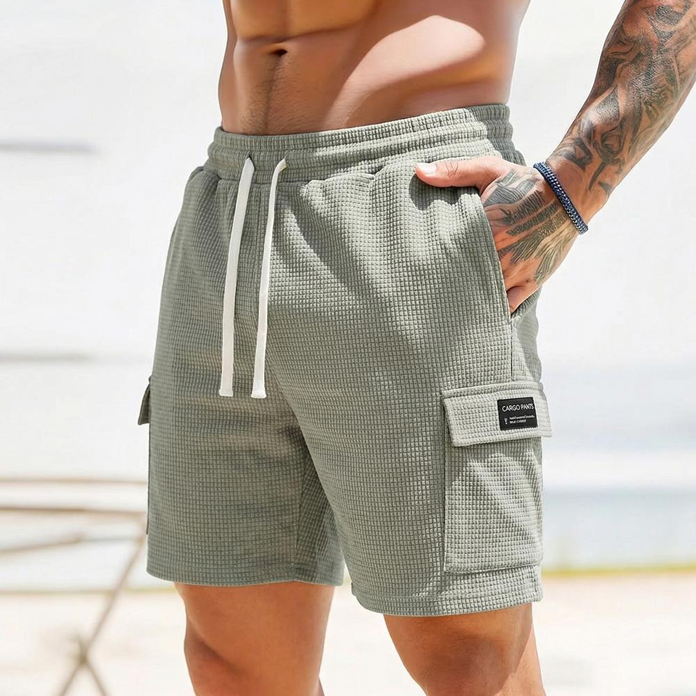 3-pack men’s waffle cargo shorts with a drawstring elastic waistband—breathable and comfortable, slimming and versatile, featuring textured fabric and multiple pockets—ideal for everyday summer outings.