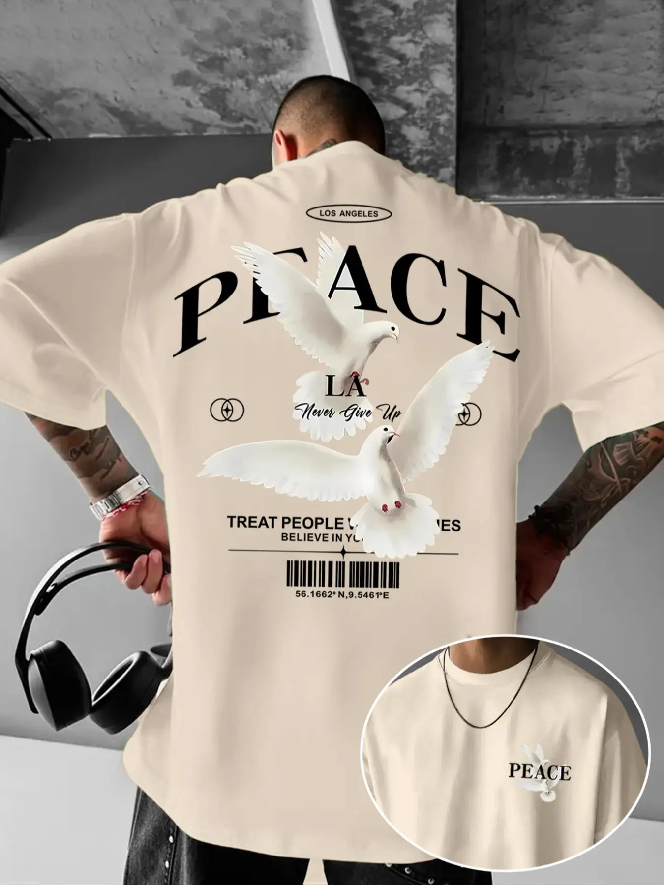 Men's Dove & Peace Casual Letters Print Short Sleeve Round Neck Casual Style Tee, Regular Fit Casual Fashion T-shirt for Summer Daily Wear, Men's Clothes, Top