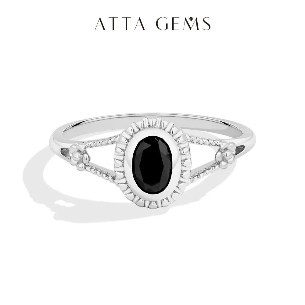 ATTAGEMS 0.5CT Oval Cut Black Lab-Grown Moissanite Ring, 925 Sterling Silver Unisex Unique Design Ring, Daily/Party Holiday Gift for Women, Trendy Fine Jewelry R411, Adults