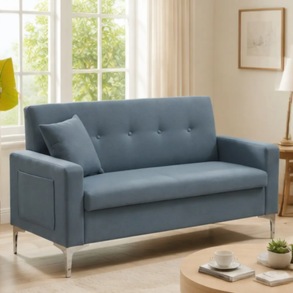57 Inch Double Sofa Couch with Storage, 2-Seat Loveseat for Living Room, Gray Fabric Upholstered, Solid Wood Frame, Metal Legs, Compact Apartment Home Office Furniture, Easy Assembly, Gray Color Options, Fabric Material, 2 Seat Seat Count