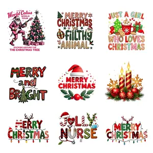 9pcs Christmas Heat Transfer Stickers Santa Claus Candle Designs Washable Vinyl DIY Decals for T-Shirts Shirts Fabric Crafts Durable Decorations