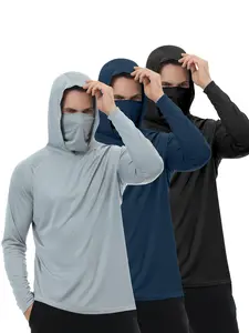 3 Packs Men's Athletic Long Sleeve Hooded Fishing Shirts with Face Mask UV Protection Women's Running Compression Workout Casual Football Jerseys