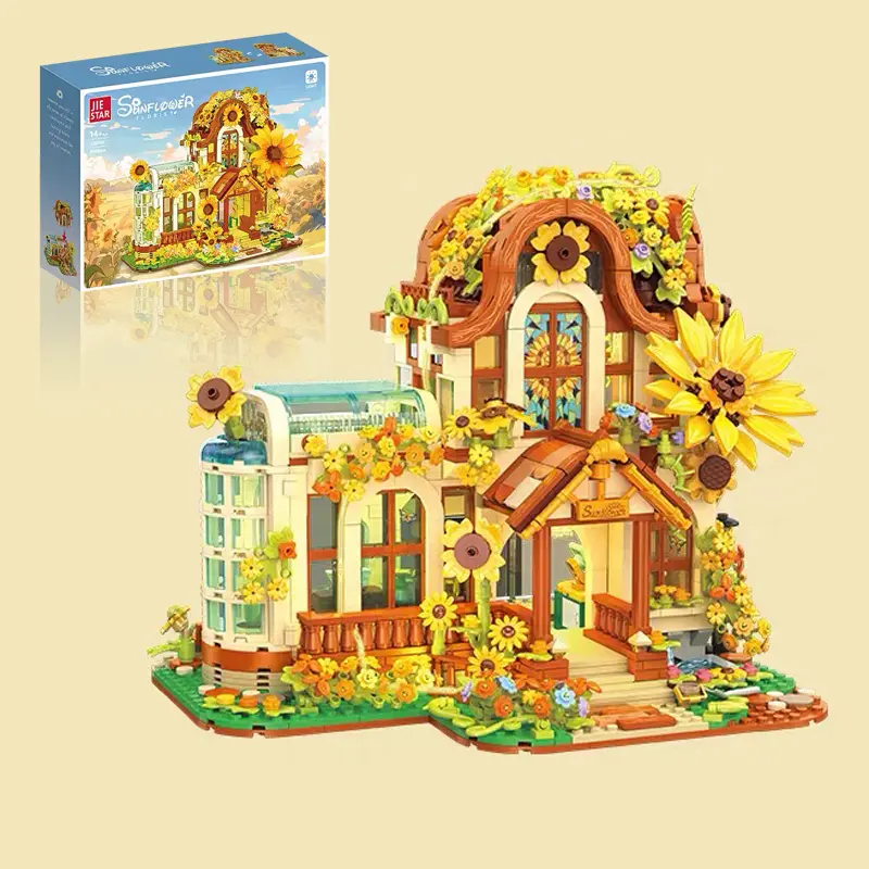 Sunflower Theme Building Toy Set - 1583+ Pieces Cozy Shop & Greenhouse Streetscape Model, Battery-Operated, House Decoration, Unique Gift for 12 Years Above