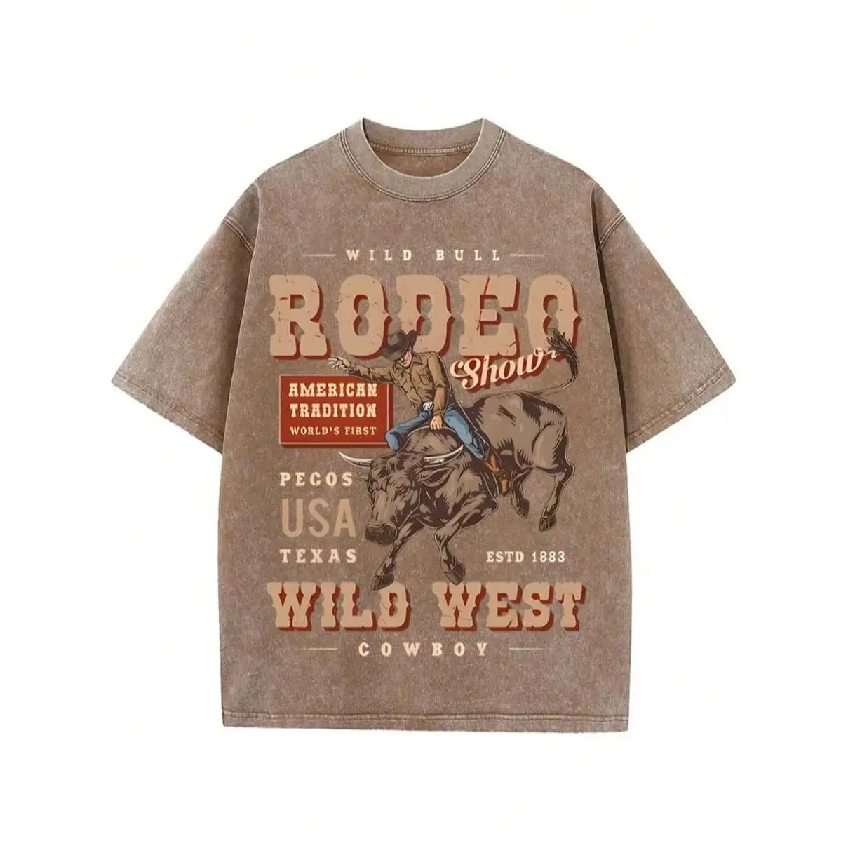 RODEO, Cowboy's Competitive Competition, Cowboy's Joyful Time, Classic Retro Fashion Casual Cowboy Riding Competition Popular Letter Pattern Printed 230g Washed Cotton T-Shirt, Men's Summer High-Quality Printed Washed Cotton  Casual Black T-Shirt,