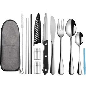 Portable Travel Utensils Set,Reusable Utensils,Travel Camping Cutlery Set,Stainless Steel Flatware Set with Case,Lunch Boxes Workplace Camping School Picnic (Sivler)