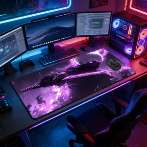Purple Neon Samurai Large Extended Gaming Mouse Pad, Non-Slip Rubber Base Stitched Lock Edge Desk Mat, Cyberpunk Fantasy Artistic Design Desk Pad, Durable Computer Accessory for Home Office & Gaming Setup, Perfect Gift for Gamers & Cyberpunk Fans