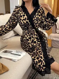 SHEIN Leopard Print Contrast Lace V-Neck Women's Robe, Fall, Winter