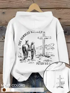 Women's Cross & Horse Print Fitted Country Rock Hoodie, Fashion Casual Style Letter Graphic Hooded Sweatshirt Tops for Daily Holiday Outdoor Wear, Ladies Womenswear Clothes for Spring & Fall