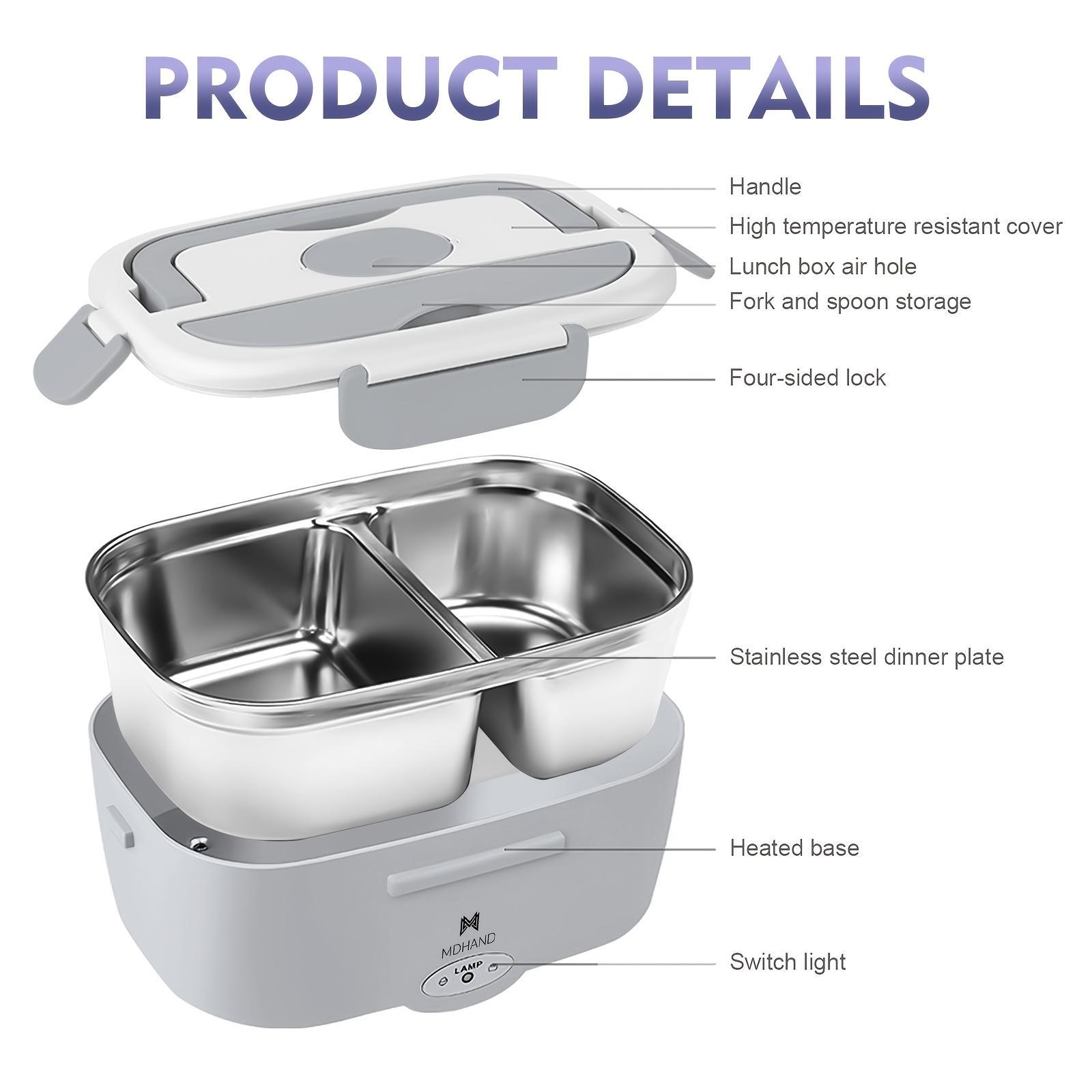 3-in-1 Lunch Box Food Warmer, 65W, Leak Proof, 50.72oz Detachable, 110V/12V/24V for Work/Auto/Outdoor with Fork Spoon and Tote Bag