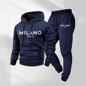 Men's Milano Patterned Hoodie And Drawstring Track Pants Set, Men's Casual Athletic Long-Sleeved Hooded Jacket And Pants, Suitable For Fall And Winter, Street Style Hoodie Set, Everyday Wear, Indoor And Outdoor Sportswear