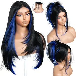 BrownBomb Drawstring Glueless Synthetic T-Lace Wig, 26-in Layered Straight with Face-Framing Bangs, Pre-Cut Lace, Pre-Plucked Perfect Middle Part, Heat-Resistant Fiber, Realistic for Daily Wear & Parties summerwins