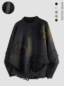 American Style Fall Winter Sweater, Round Neck Fleece Hole Design, Unisex Casual Fashion Knit Pullover, Suitable for Daily Wear