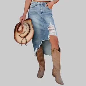 Women's High-Waisted Distressed Ripped Frayed Hem Denim Midi Skirt, Fitted Classic Myosotis Color, Western Fashion Casual Bottoms for Versatile Wear (Pair with Blouses), Blouse,summervibes