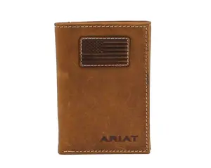 Ariat Men’s Trifold Wallet - USA Flag Patch, Logo, Brown, Compartmented, Multifunctional Men’s Wallet, Brown Men's Wallets, Compartmented Men's Wallets