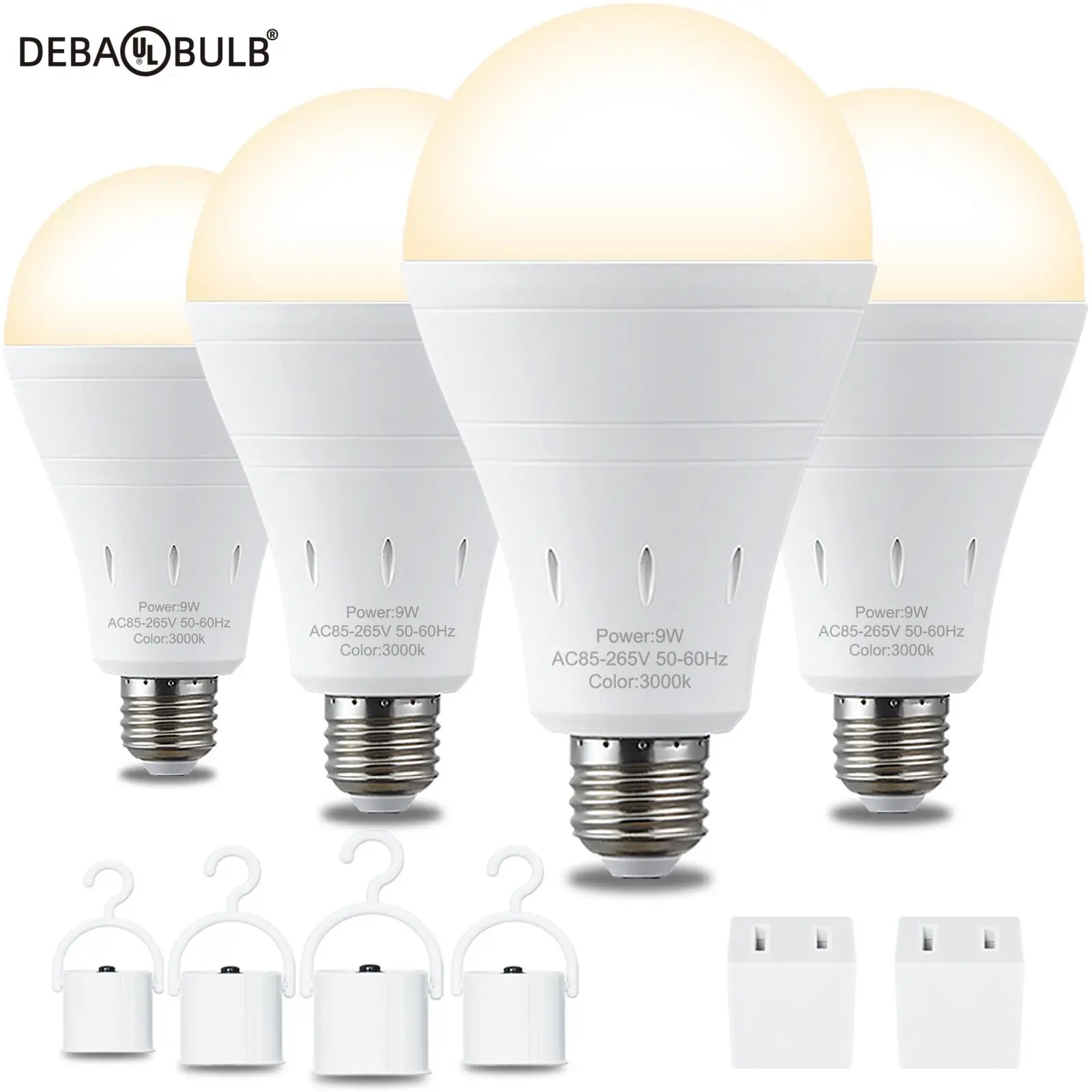 DEBAOBULB 4-Pack 9W 800lm Warm Light E26 120V Rechargeable Batteries-Operated Emergency Bright LED Bulbs, Multifunctional Hook, Home Power Outage Energy-Saving Device, Color Changing for Night Market Use