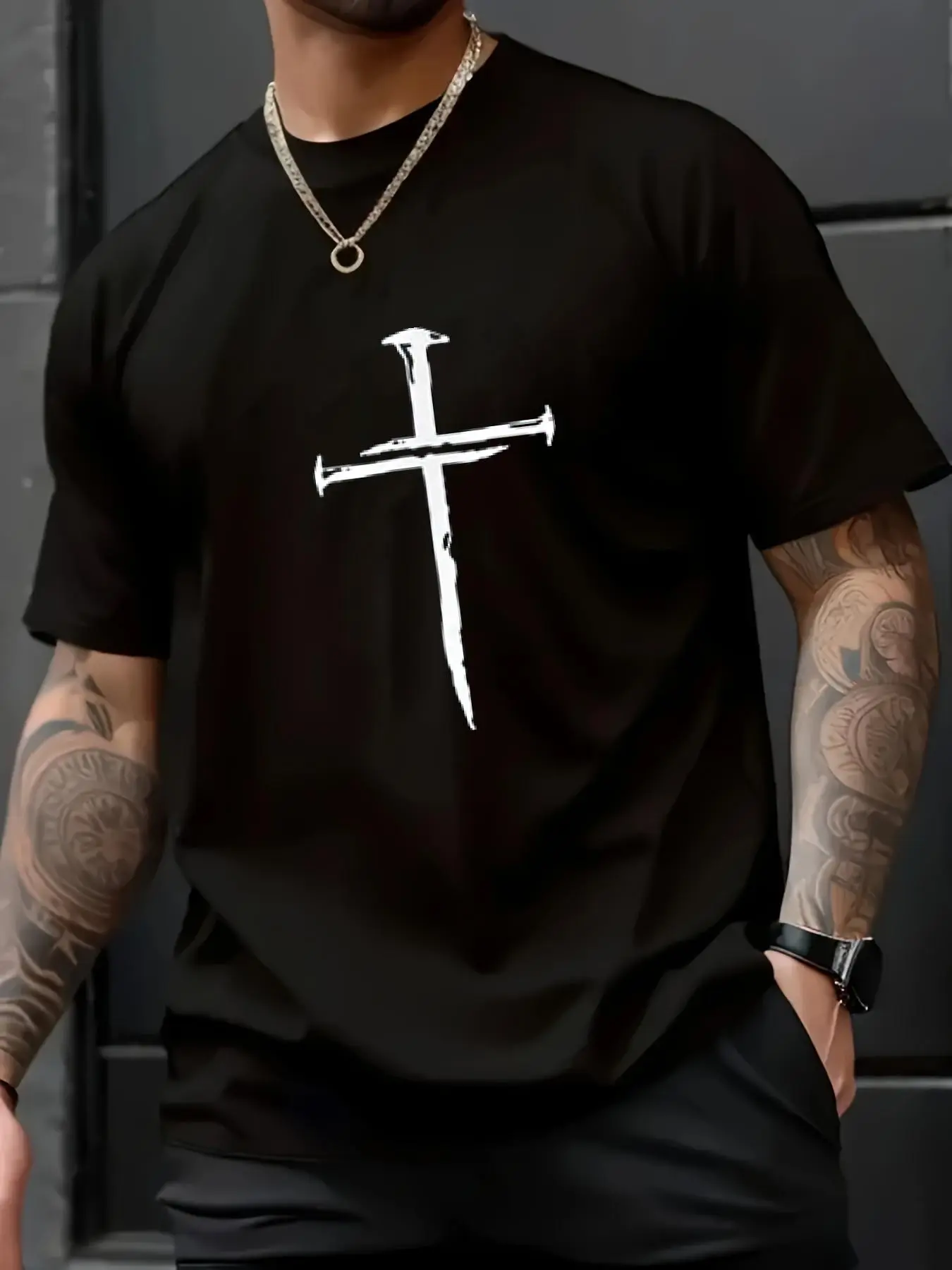 100% Cotton Unisex Christian Minimalist Religious Jesus Crist Three Nails Cross T-Shirt,spring/autumn Christmas snowflake fun pattern men's T-shirt