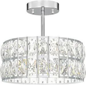 Chrome Crystal Ceiling Light, Modern Semi Flush Mount Ceiling Lighting, Hallway Lighting Fixtures, Small Chandelier Light Fixture for Kitchen Entryway Bedroom Dining Room, 3-Light, 12 Inch