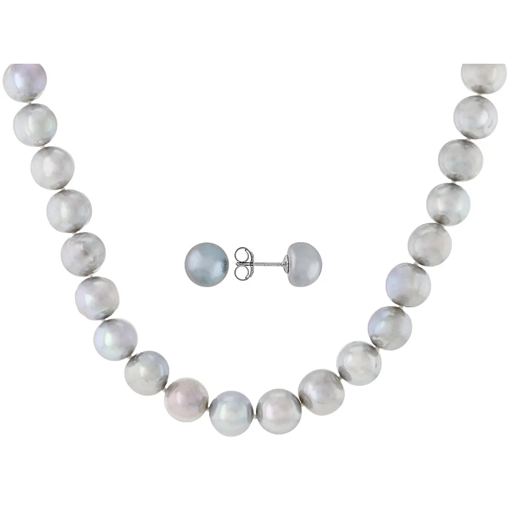 2-Piece Jewelry Set with 9-11.5mm Cultured Freshwater Pearls, Platinum Finish Sterling Silver 20-Inch Necklace & Earrings, Classic Set