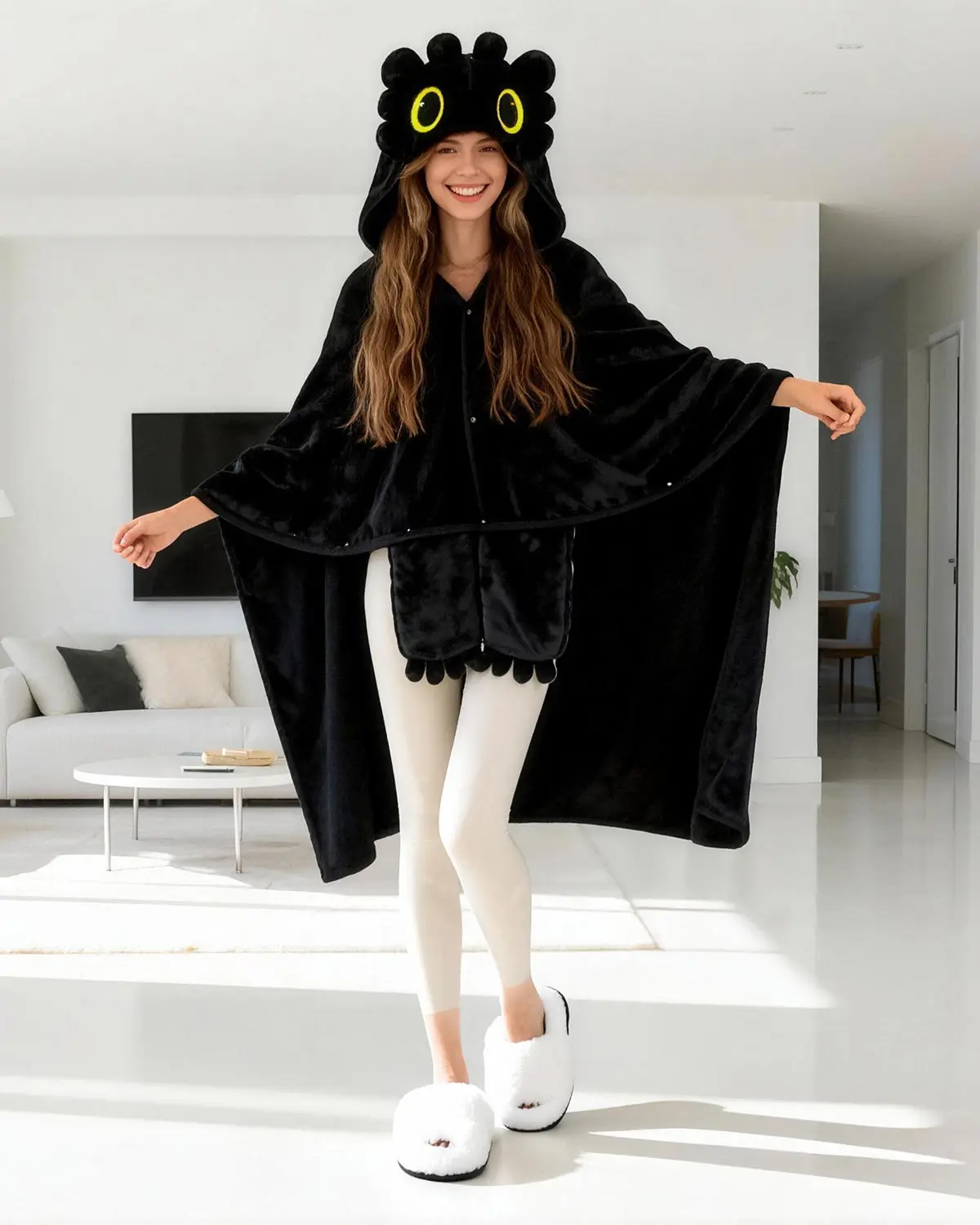 Black Dragon Wearable Blanket Hooded Cape - Soft Sherpa Plush Oversized Cloak for Loungewear Halloween Cosplay & Winter Warm Wear