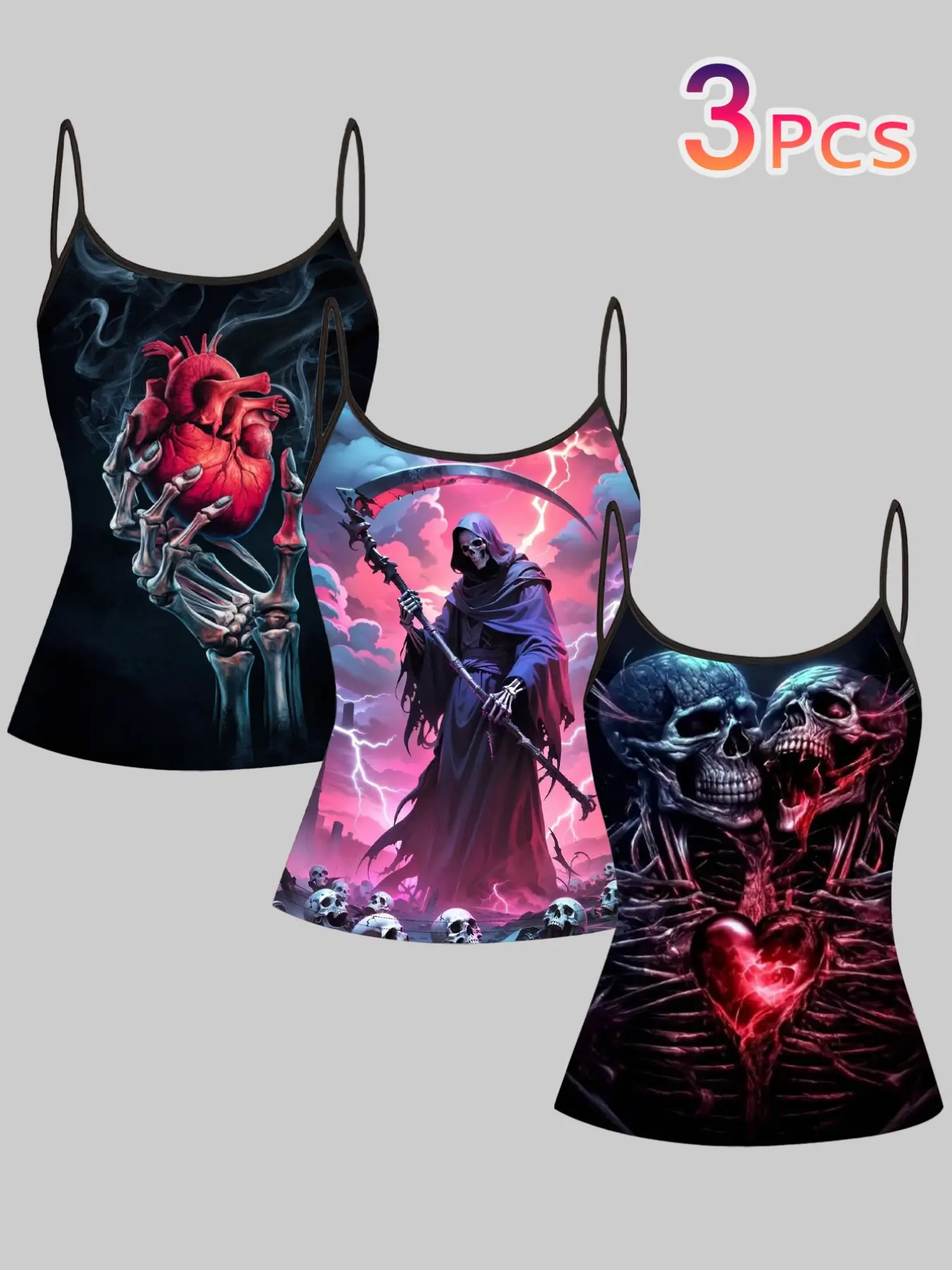 3-Piece Gothic Death God Strapless Vest Set, Skull Anatomy Heart Print Halter Top, Women's Summer Streetwear Sleeveless T-Shirt