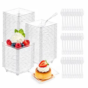 100ct Mini Dessert Plates with Tasting Spoons, 2.5 Inch Small Reusable Clear Plastic Party Serving Hors D'oeuvres Plates for Appetizers Disposable Tableware