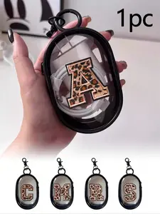 1pc Black Portable Mini Transparent Zipper Waterproof Storage Bag, With Embroidery With Leopard Print Initials, Keychain Embroidered Letter Design, Compact Multifunctional Organizer For Small Essentials, Charger, Usb Cables, Jewelry