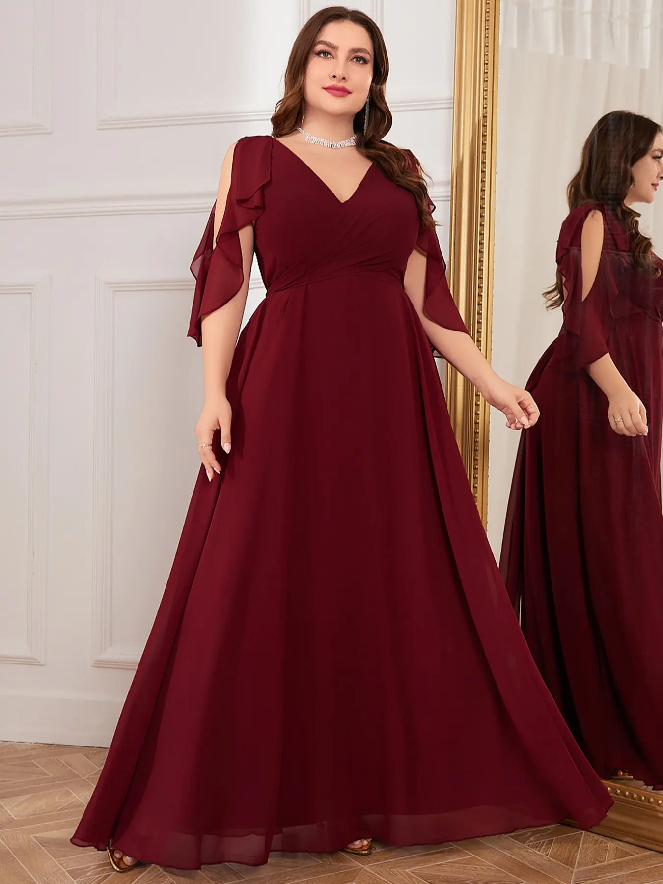 New V Neck Backless Solid Color Chiffon Waist Cinching Elegant Long Bridesmaid Dress, Back Tie Draped Flowy Gown