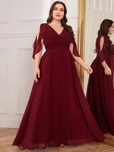 New V Neck Backless Solid Color Chiffon Waist Cinching Elegant Long Bridesmaid Dress, Back Tie Draped Flowy Gown