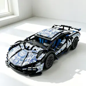 1311pcs Blue-And- Porcelain Style Super Car Building Blocks Set, High-Aesthetic Racing Vehicle Model Collection Decor, Personalized Stickers Included, Model Building Kits